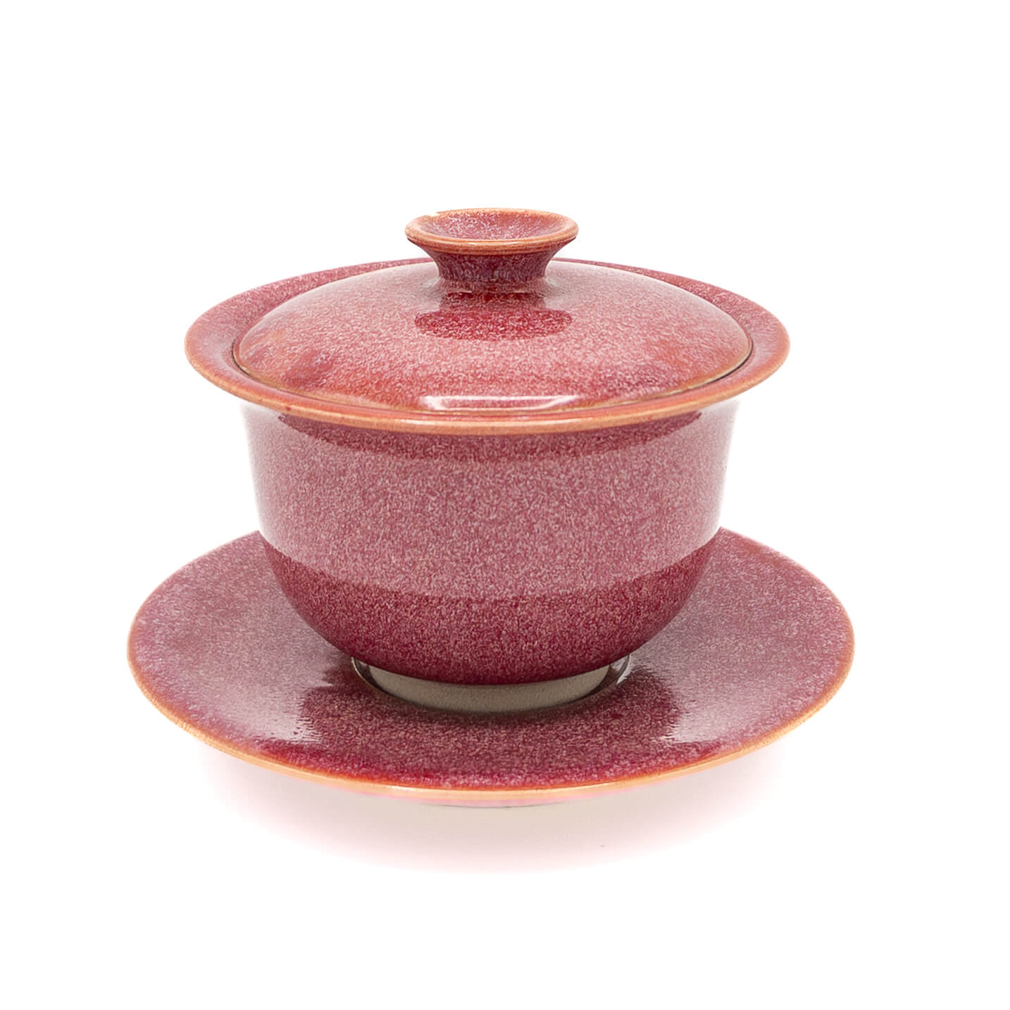 Pink Crystalline Huaning Gaiwan assembled showing deep pink crystalline glaze, handmade Yunnan pottery