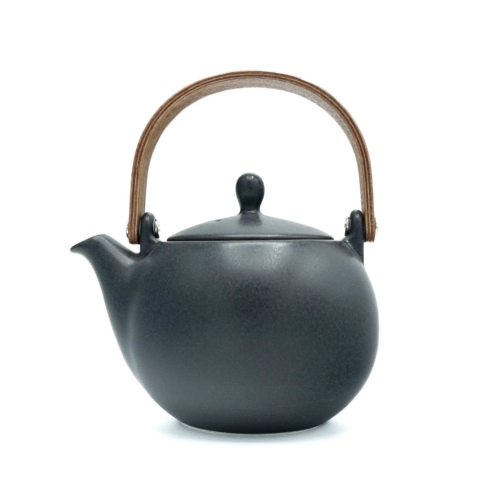 Black ceramic teapot with wooden handle on a white background