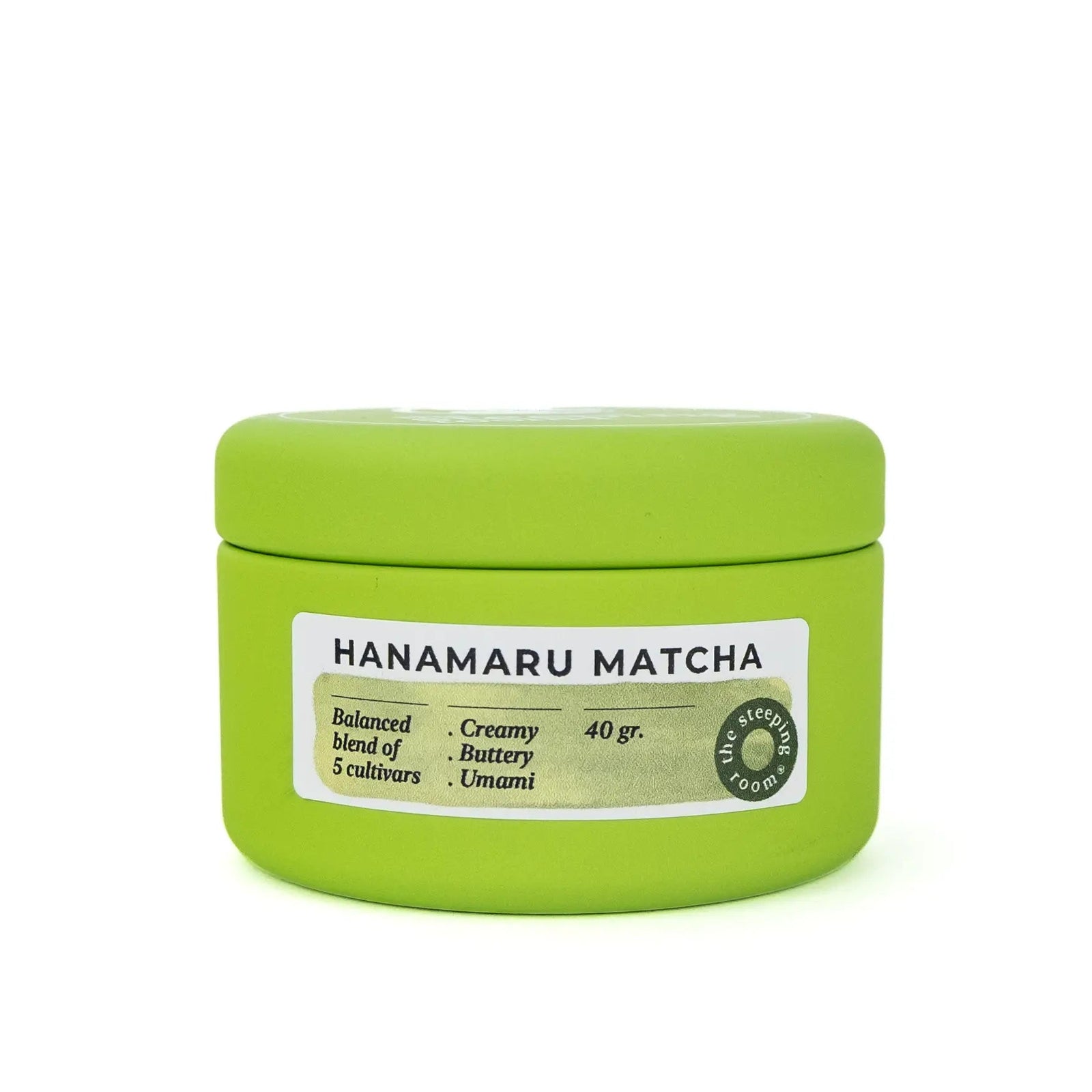 A bright lime green can of Hanamaru Ceremonial Matcha  with a white label, set against a plain white background.