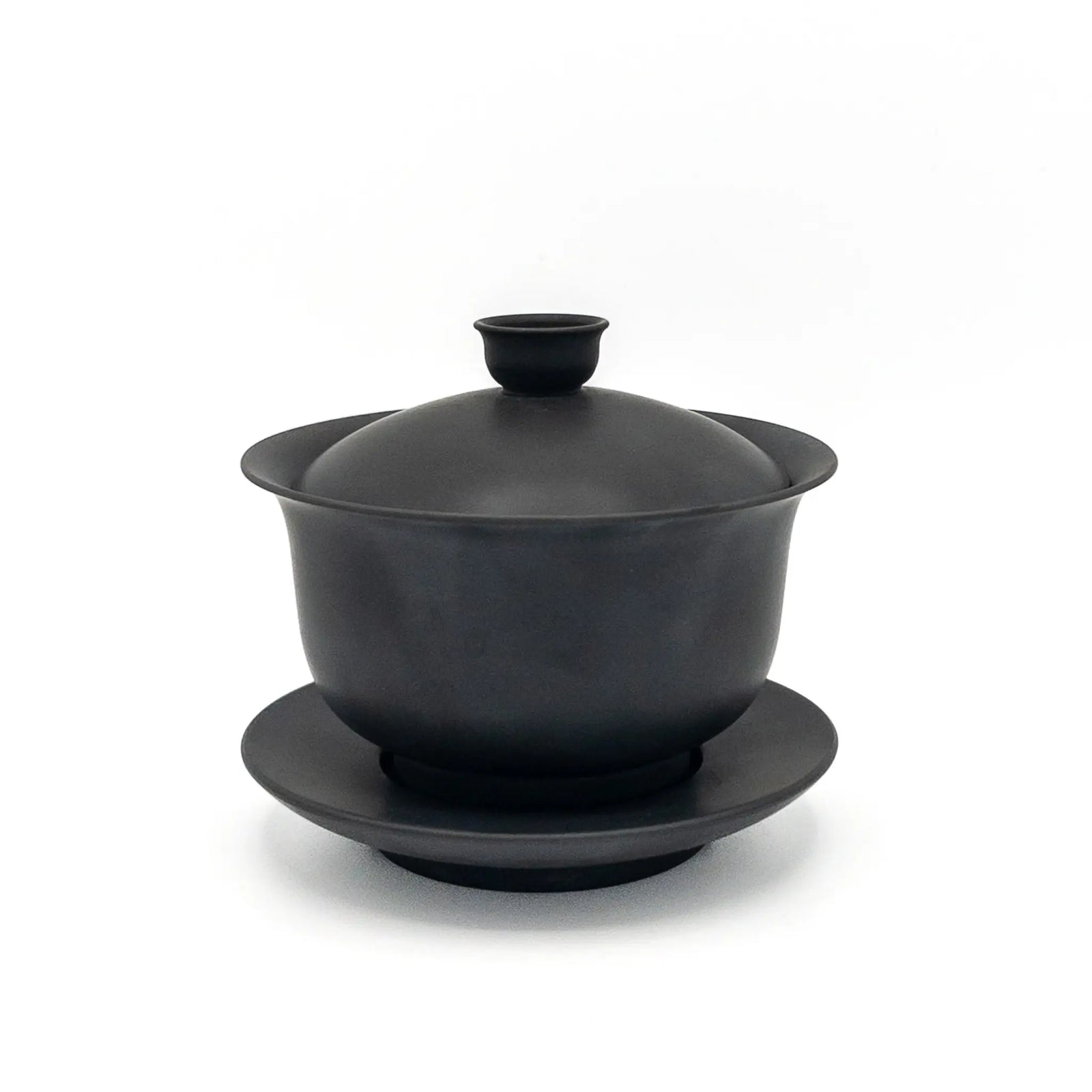 Black gaiwan with lid on a white background