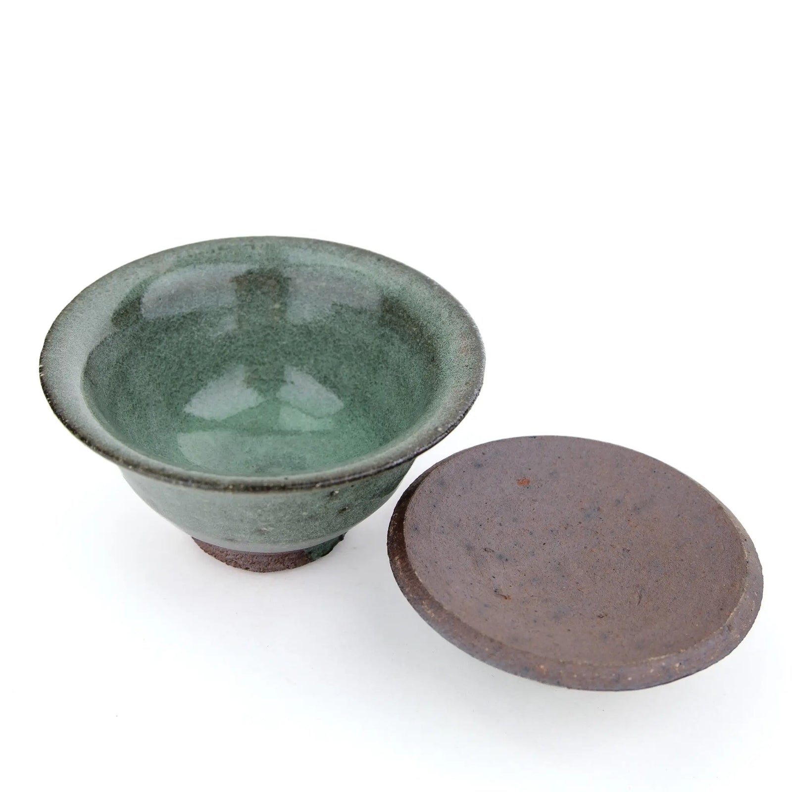 speckled sage green handmade gaiwan for gong fu tea - view with the lid off