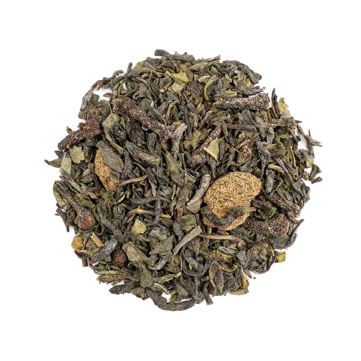 Dry green tea leaves on a white background - Organic Winter Pear Green Tea